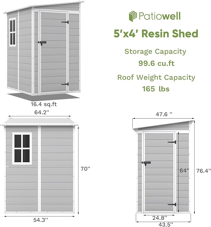 Patiowell 5x4 FT Outdoor Storage Shed, Resin Storage Shed with Floor & Lockable & Window Door for Patio Furniture, Garden Tools and Bicycle, White & Grey