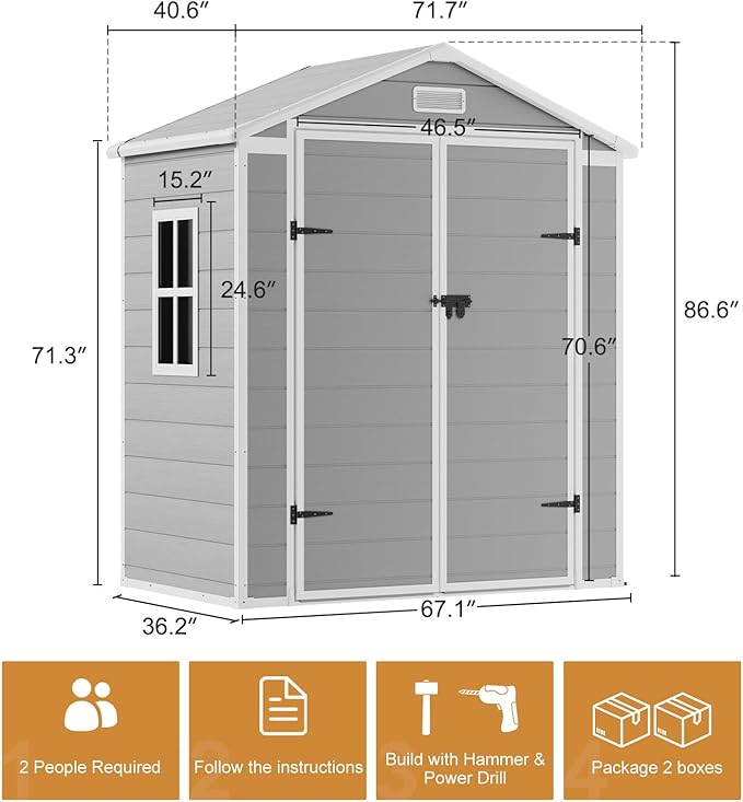 Outdoor Resin Storage Shed 6x3 FT Waterproof Sheds Kit with Floor Window Lockable Door Included, Outside Plastic Sheds for Backyard Garden Patio Lawn Tools
