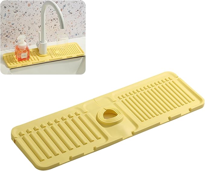 Faucet Mat for Kitchen Sink - 2024 Upgraded Premium Silicone Splash Guard with Fast Drying Properties - Protective Sink Tray Ideal for Stone Sinks in Kitchen & Bathroom (1, Yellow)