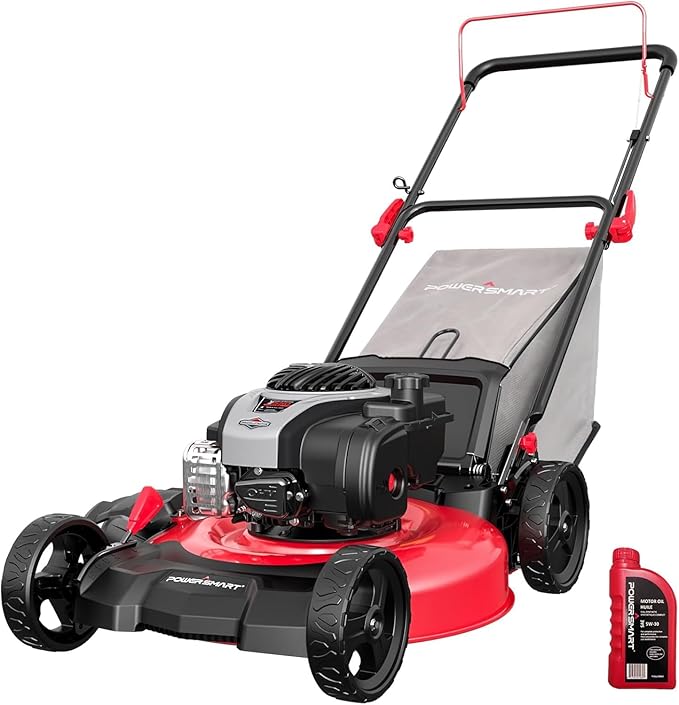 PowerSmart 21" 3-in-1 Gas Push Lawn Mower with 140cc 4-Stroke Engine - Wide Cutting Deck, 6 Height Adjustments, Mulching Capability