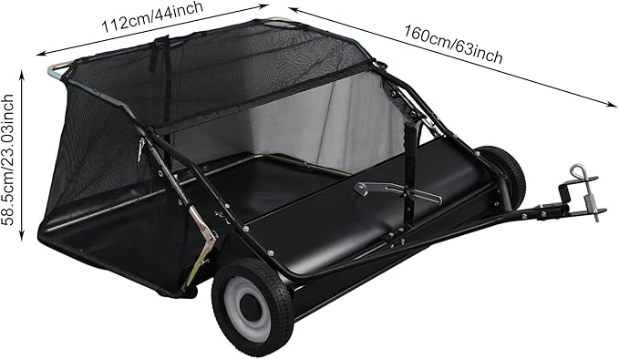 44" Tow-Behind Lawn Sweeper, 25 cu.ft Hopper Bag Capacity; Leaf & Grass Catcher, with Adjustable Sweeping Height, Dumping Rope Design for Picking Up Debris and Grass