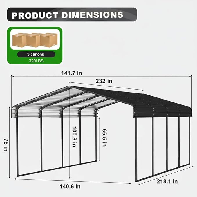12x20FT Metal Carport Kits, Heavy Duty Car Ports with Galvanized Metal Roof, Outdoor Garage Car Shelter Shade for Car, Boats and Truck (Dark Gray)