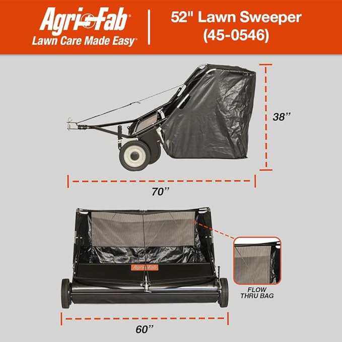 Agri-Fab 45-0546 52" Tow-Behind Lawn Sweeper, 26 cu. ft Hopper Bag Capacity; Leaf & Grass Catcher, with Adjustable Brush Height and Dump From Seat Handle