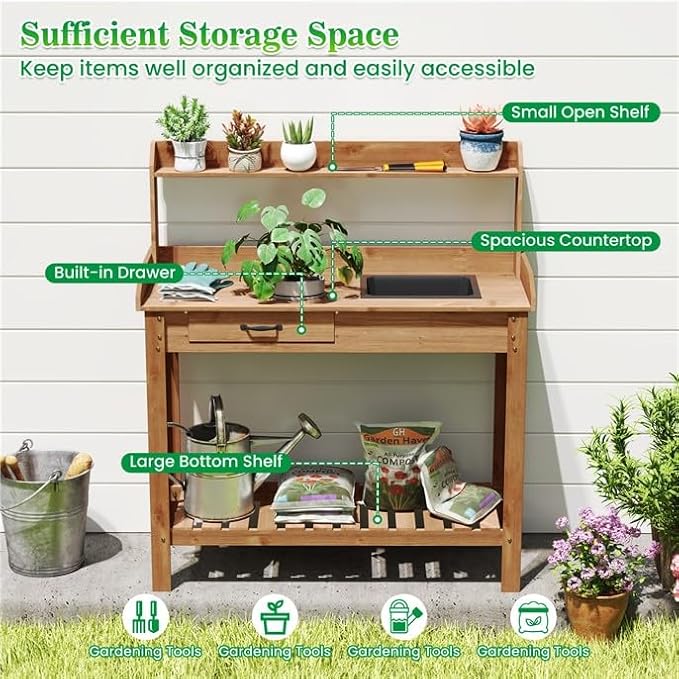 ARNOT Potting Bench,Outdoor Potting Bench Table with Sink and Storage Shelves, Wooden Garden Workstation for Gardening Tools, Planting, and Repotting – Natural Fir Wood (38" x 17" x 50")