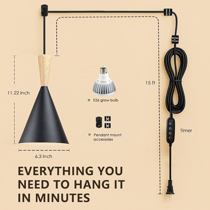 Hanging Grow Lights for Indoor Plants, Full Spectrum, with Timer and 15FT Power Cord, 20W Pendant Plant Lights for Indoor Growing, Large Tall Plant, Garden, Flowers, Greenhouse.