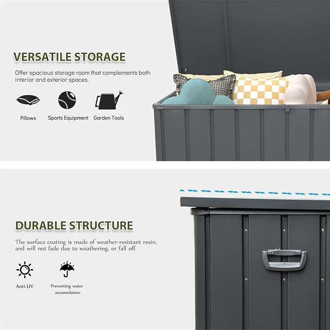 CHUNLY 200 Gallon Deck Box with Lockable Lid, Outdoor Patio Storage Box w/Mobility Rollers, All-weather Storage Bench Bin for Outside Cushions, Pool Supplies and Garden Tools (Dark Gray)