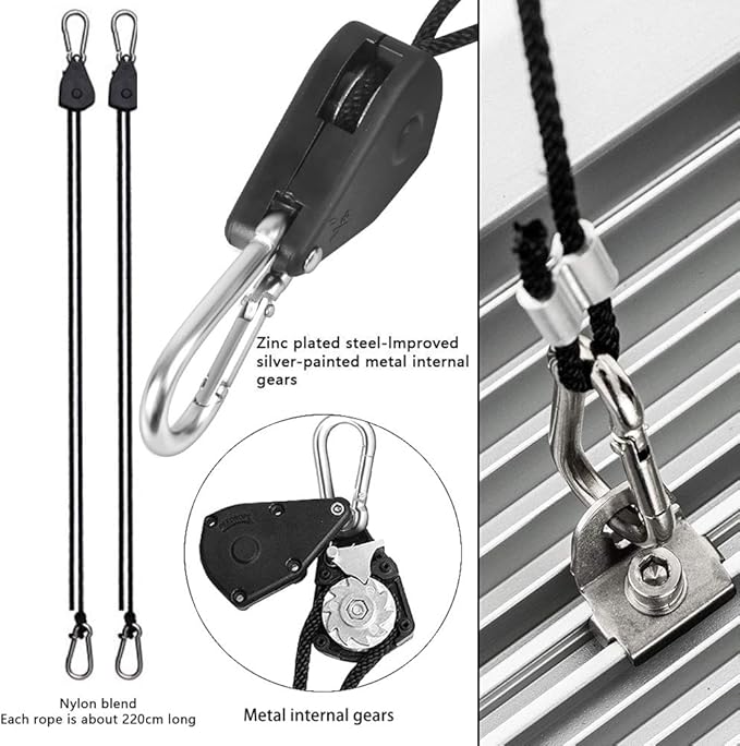 8 Pairs 1/8" Heavy Duty Ratchet Hangers, Adjustable Rope Hangers, Grow Light Rope Hangers for Grow Plant Fan Filter Light Room Equipment, 150 LB Capacity per Pair