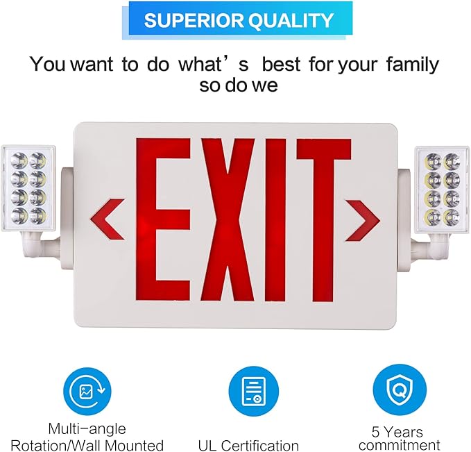 6 Packs Led Red Exit Signwith Emergency Light Combo with Battery Backup-Two Adjustable Head Emergency Exit Lights/ABS Fire Resistance 120-277VAC-Double Face Exit Sign for Business/Home.