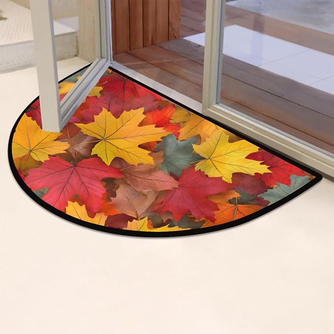 cfpolar Fall Non-Slip Soft Half Round Door Mat, Autumn Bright Maple Leaves Semicircle Mat for Indoor Entrance Garage Bath Living Room Patio 24 x 36 in