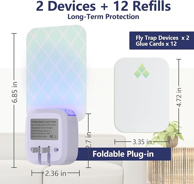 Fruit Fly Traps for Indoors, 2-in-1 Fly Traps Gnat Catcher Flying Insect Traps for Flies, Mosquitoes (2 Devices & 12 Glue Cards)