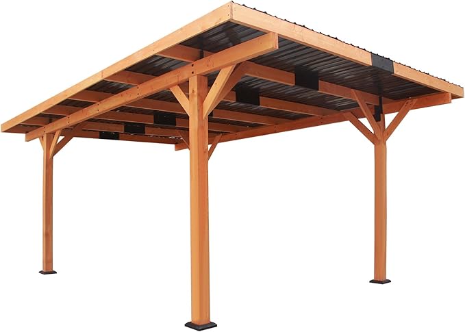 18.3 x 12.6 x 7.8 FT Carport, Wood Outdoor Gazebo Pavilion with Hardtop Sloped Steel Roof, Heavy Duty Waterproof Car Port for Backyard, Patio, Deck and Lawn