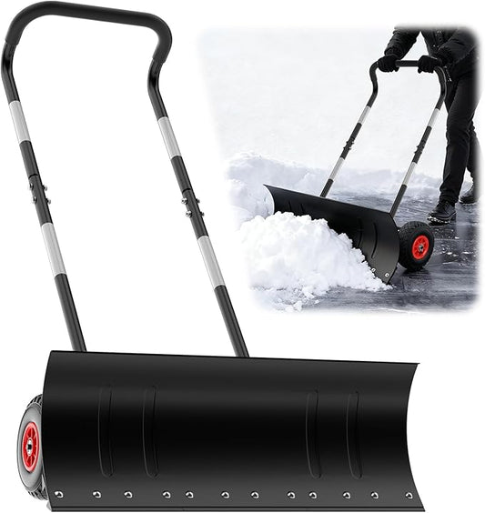 Snow Shovel Pusher for Driveway,Heavy Duty Steel Snow Shovel with Wheels,29 in Angled Blade Efficient Snow Removal,3 Level Adjustable Height Handle,Snow Plow with Safety Reflective Tape