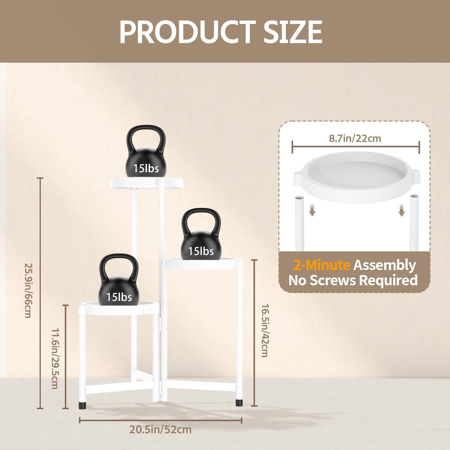 LASZOLA 3 Tiered Folding Plant Stand Indoor for Multiple Large Planter, Tall Heavy Duty Adjustable Rack with Rust Proof Plastic Shelving, Sturdy Vertical Tree Organizer for Narrow Inside Floor, White