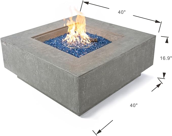 Elementi+ | Bundle Victoria Gas Fire Pit Cast Concrete 40" Square Fire Table, Outdoor Fire Pit Electronic Ignition | Canvas Cover, Fire Glass and Burner Lid Included | Light Gray | Natural Gas