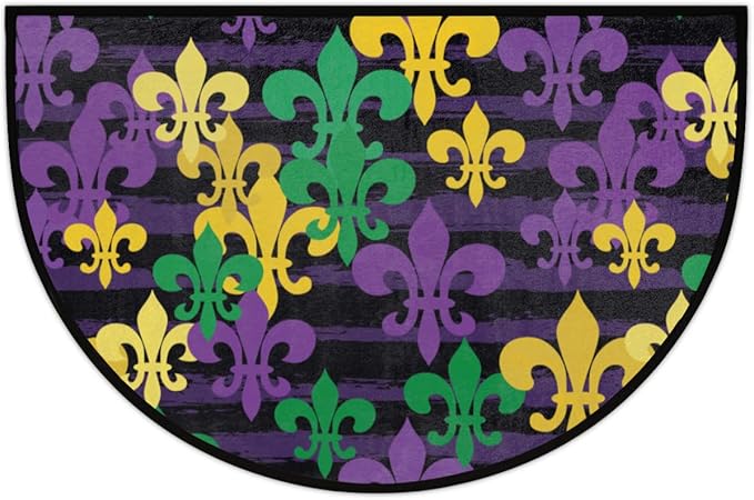 cfpolar Mardi Gras Half Round Door Mat, French Fleur De Lis Semicircle Doormat, Non Slip Soft Area Rug for Front Door Indoor Entrance Wear Resistant Welcome Mat, Blue, Gold, 24 x 36 in