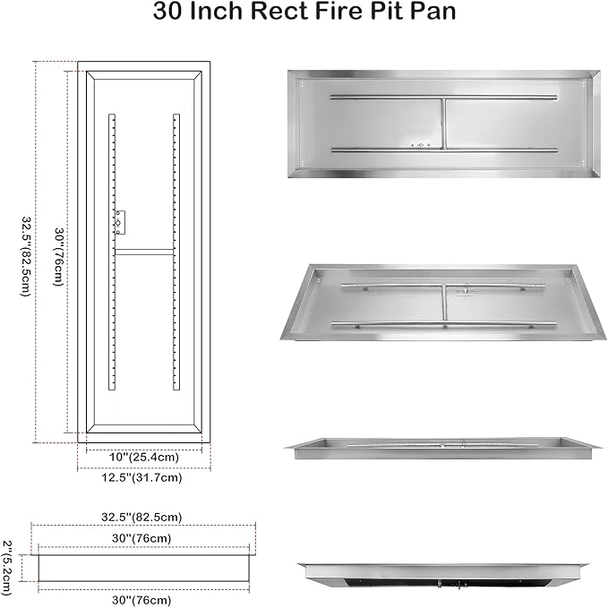 Stanbroil 30 x 10 Inch Rectangular Drop-in Fire Pit Pan with H-Burner, Gas Firepit for Outside, 304 Stainless Steel, 125,000 BTU Max