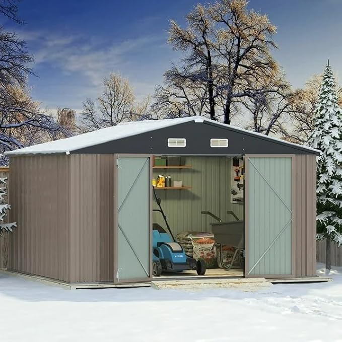 Greesum 10×8 FT Outdoor Storage Shed, Metal Storaged Sheds Without Floor, Tool Sheds with Lockable Doors and Slooping Roof for Garden, Patio, Backyard, Brown