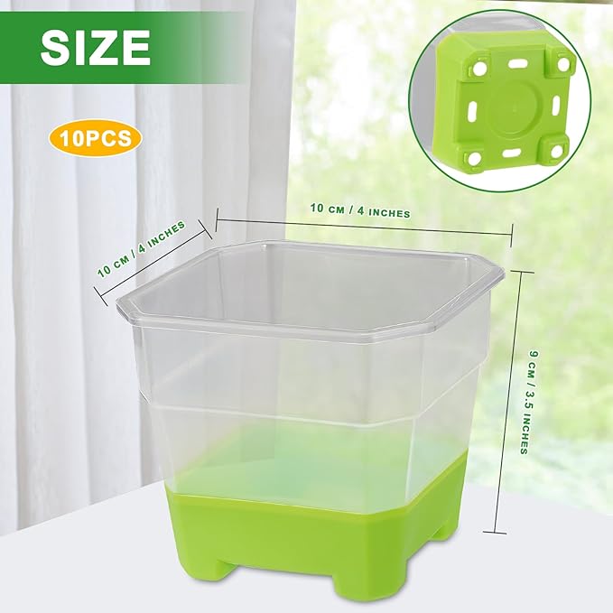 Aobiono 10 Packs 4 Inch Clear Nursery Pots with Reinforced Silicone Base for Easy Transplant, Reusable Seed Starter Seedling Small Plant Flower Pots with Drainage (Green, 10 Packs)