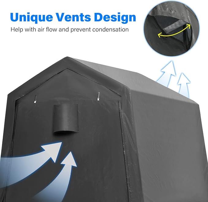 ADVANCE OUTDOOR 6X6 ft Storage Tent Outdoor Portable Shelter Shed with 2 Rolled up Zipper Doors & Vents Carport for Motorcycle Waterproof and UV Resistant Portable Garage Kit Tent, Gray