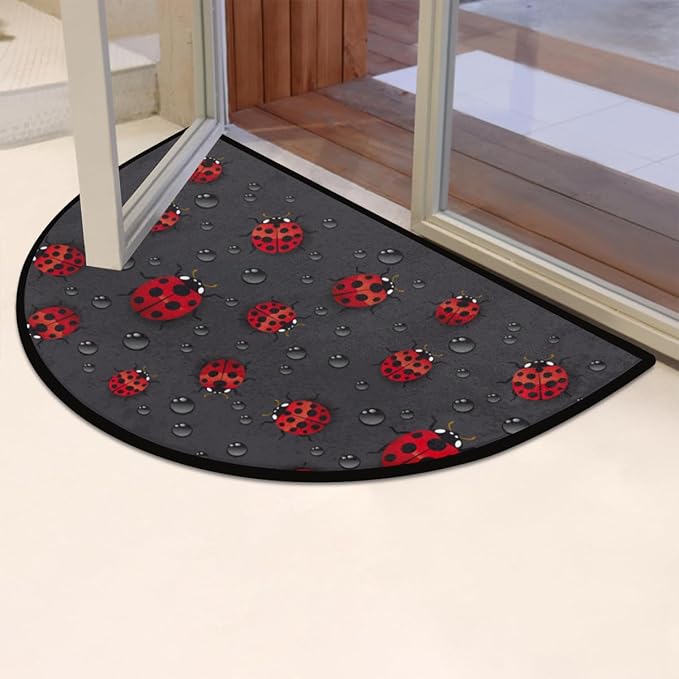 cfpolar Ladybug Half Round Door Mat - Rainy Day Cute Ladybird Black Semicircle, Non-Slip Soft Area Rug for Indoor Entrance, Wear-Resistant Welcome Mat for Garage, Patio, Home Decor - 24 x 36 in