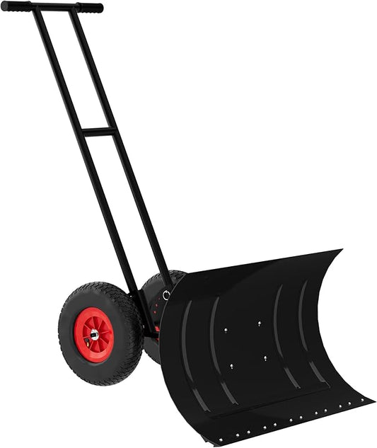 Large 40" W X 18" H Snow Shovel Pusher for Driveway, Metal Snow Pusher with Wheels, Ergonomic Snow Pusher Shovel with Snow Removal Adjustable Angle & Height Handle for Driveway, Double Rod