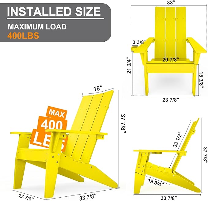 MXIMU Modern Adirondack Chair Weather Resistant with Cup Holder Oversized Fire Pit Chairs Adorondic Plastic Outdoor Chairs for Firepit Area Seating (Yellow)