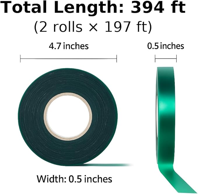2 Rolls Plant Tie Tape, 0.5 in × 197 ft Each (394 ft Total) – Soft Stretch PVC Garden Ties, Reusable Non-Adhesive, with Binder Clip & Mesh Storage Bag for Tomato, Vine, Flower & Tree Suppor
