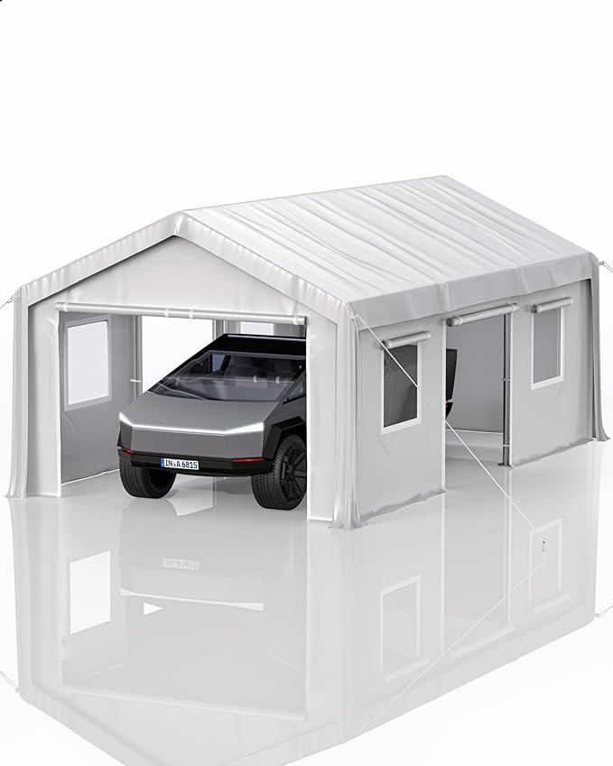 10 x 20 Ft Heavy-Duty Carport, Portable Garage, 180g PE Waterproof Canopy and 8 x 1.0 mm Poles for Full-Size Pickup Trucks, Boats, and SUVs - White