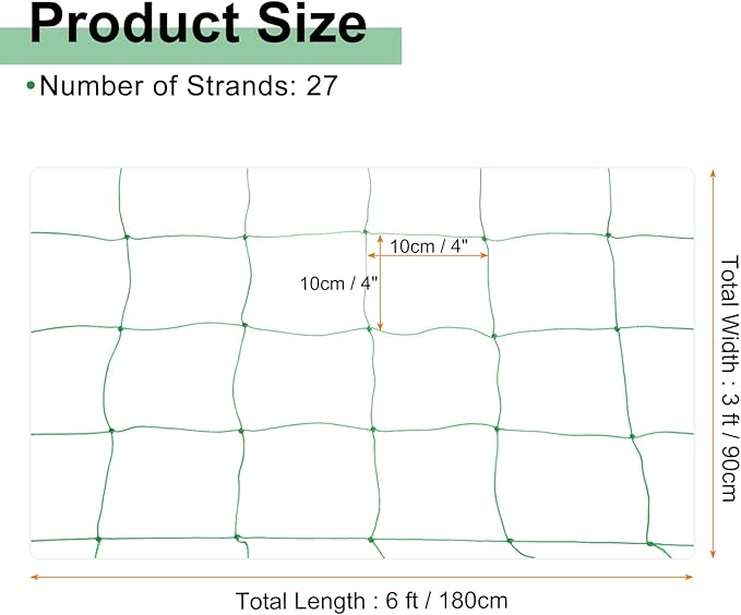 HARFINGTON Trellis Netting for Climbing Plants 3 x 6ft 27 Strands Heavy Duty Garden Trellis Netting Polyethylene Plant Support Net with 4" x 4" Mesh for Fruits Vegetables Cucumber