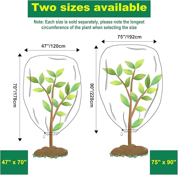 Plant Covers Freeze Protection, 47"W X 70"H Large Frost Blankets 2.47oz/yd² with Zipper Drawstring, Reusable Frost Cloth Tree Covers Shrub Jackets for Winter Outdoor Plants Fruit Tree Potted