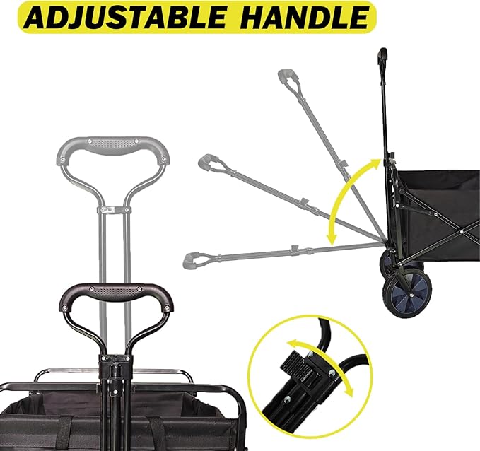 Collapsible Wagon Cart, Heavy Duty Folding Wagon with Telescopic Handle, Double Cloth Pockets, Portable Utility Garden Cart with All-Terrain Wheels for Shopping, Sports, Camping, Black