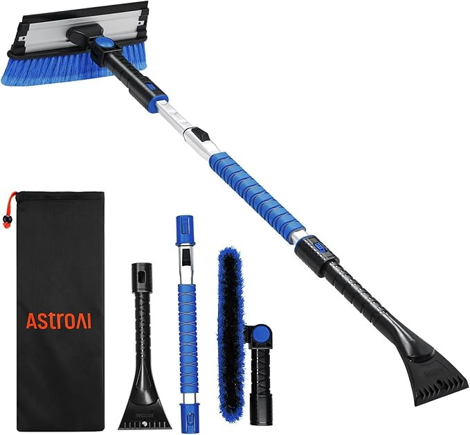 AstroAI 47.2" Ice Scrapers for Car Windshield, 3 in 1 Sturdy Snow Brush with Squeegee, 10 Adjustable Length Settings, Extendable Aluminum Handle, 180° Pivoting Snow Scraper for Car, Truck, SUV(Blue)