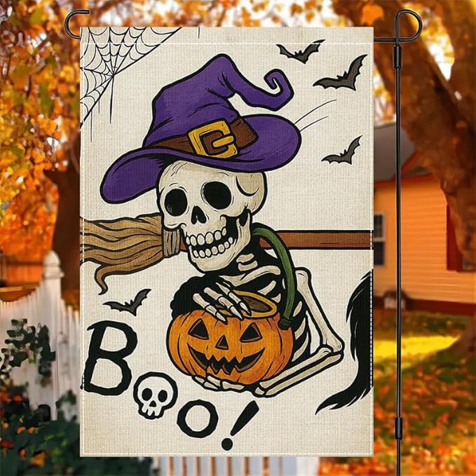Halloween Garden Flag 12x18 Inch Skeleton Pumpkin Witch Hat Boo Yard flag Double Sided Outdoor Porch Patio Lawn Party Decoration for Fall Holiday Birthday