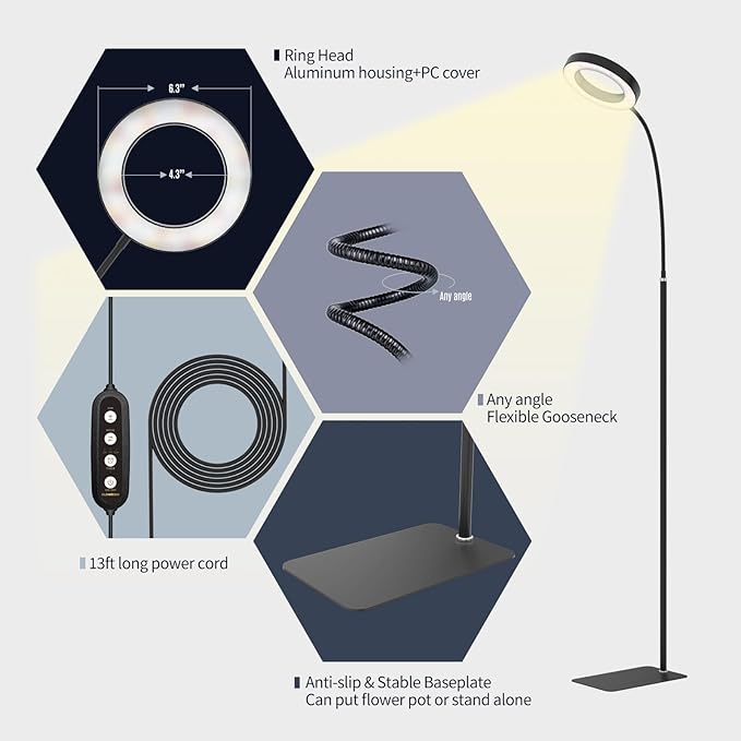 GLOWRIUM Grow Lights for Indoor Plants,20W Full Spectrum LED Plant Light with Stand,Adjustable Height,3/9/12H Timer,6 Dimmable Levels & 3 Lighting Modes (Black-Single Head)