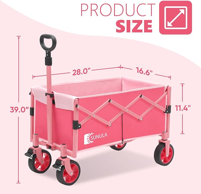 Wagon with Brakes, Foldable Cart with 220LBS Capacity, Utility Lightweight Wagon, Collapsible Grocery Shopping Cart for Camping Sports & Holiday.Pink