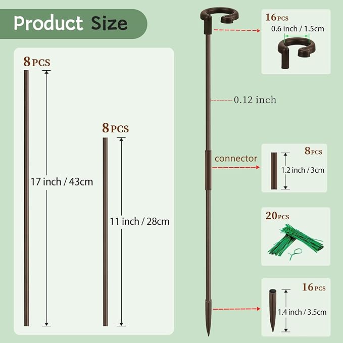 Invisible Orchid Sticks 17 inch &11 inch SupKing 16Pcs Plant Stakes with Clips for Support Small Short Plants,Garden Stakes Support Poles Suit for Potted Plants Flowers Peony Rose (Brown)