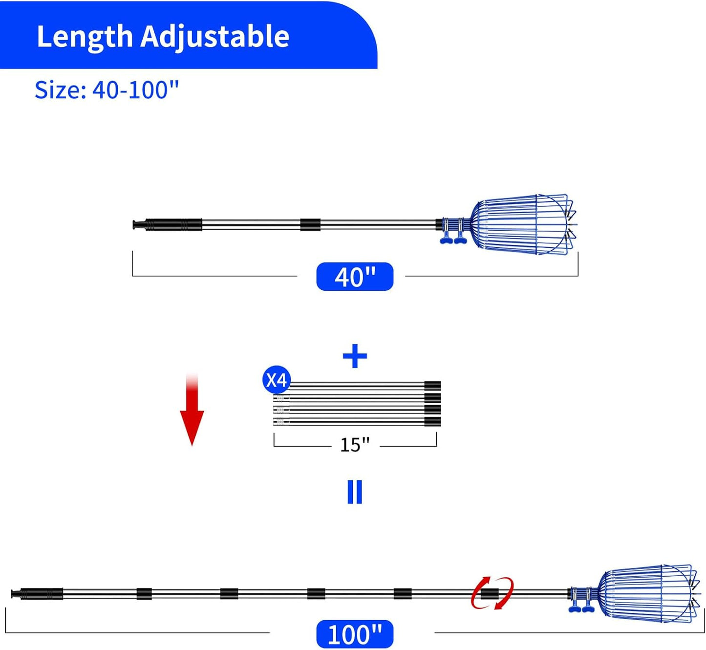 Fruit Picker Pole with Basket Segmented Fruit Picker Pole Tool for Apple Avocado Cherry Lemon Mango Orange Peach Picking(40-100")