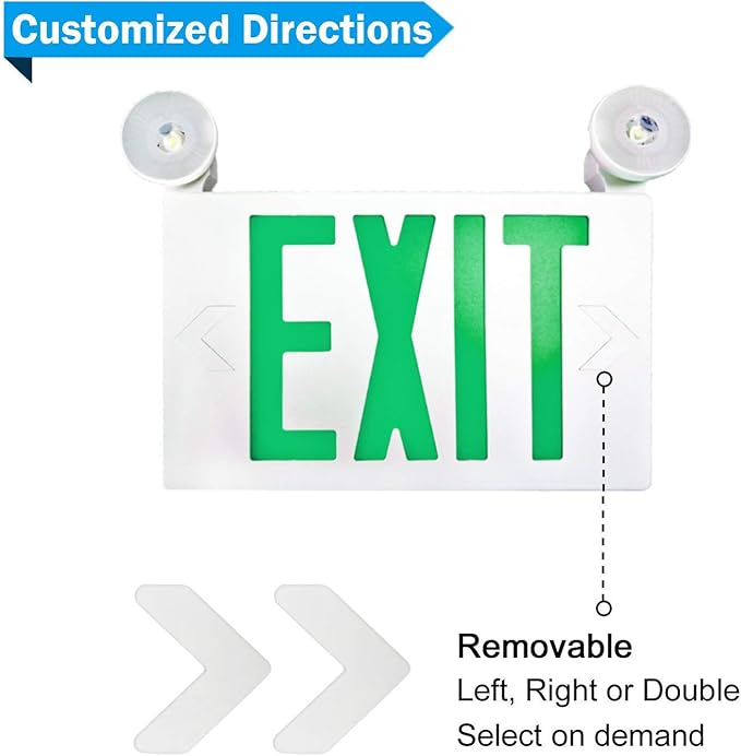 SPECTSUN LED Exit Sign Battery Backup, Green Exit Emergency Light with 2 Lamp Heads, Fire Exit Sign with Emergency Lights, Hardwired Exit Sign - 2 Pack, 120V Exit Sign, Commercial Emergency Exit Sign