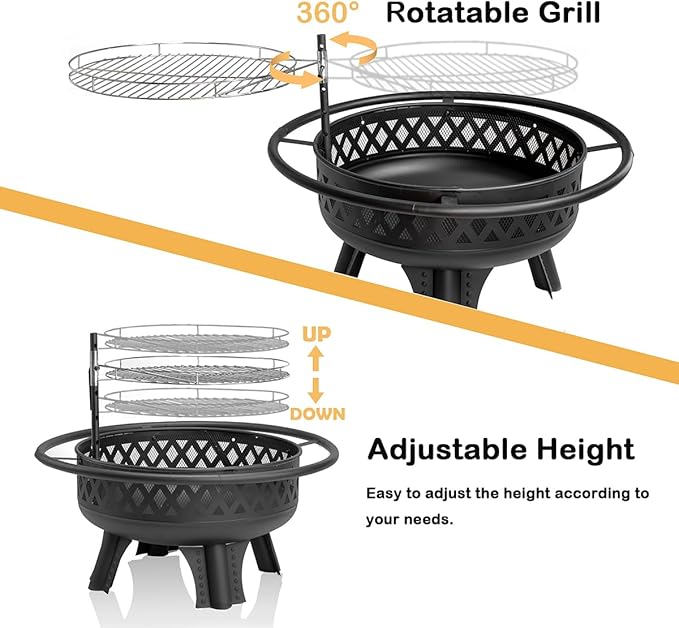 32 Inch Outdoor Fire Pit with Grill, Wood Burning Firepit for Outside with Lid/Fire Poker, Metal Round Fire Pit Table for Patio Backyard Garden Bonfire Party