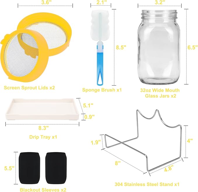 Lulonpon Sprouting Kit, 2 Sprouting Jar Kits, Wide Mouth Quart Mason Jars with Stainless Steel Screen Sprout Lids,1000ml Sprouts Growing Kit, Seed Sprouter Set for Growing Broccoli, Bean, Alfalfa