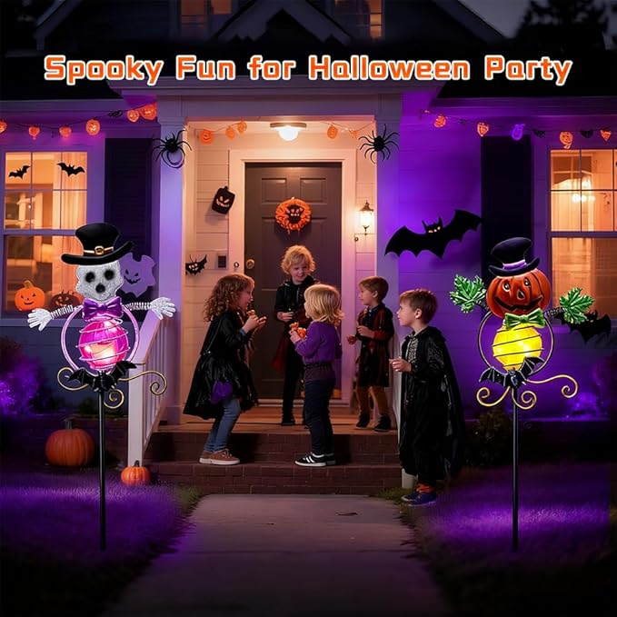 Solar Halloween Decorations Outdoor,2 Pack Pumpkin＆Skull Halloween Metal Yard Stakes,Solar Yard Signs Decorative Garden Stakes for Outside Lawn Patio Pathway