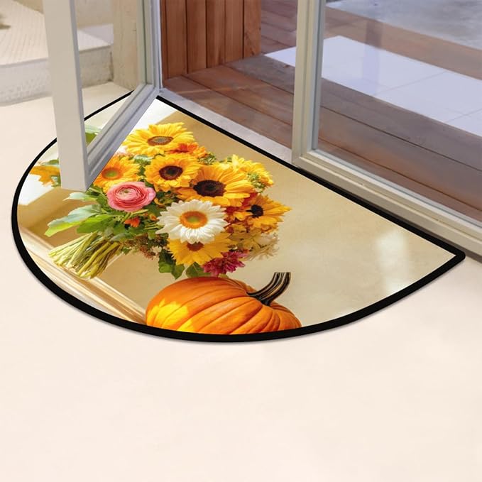cfpolar Fall Non-Slip Soft Half Round Door Mat, Pumpkin Sunflower Semicircle Mat for Indoor Entrance Garage Bath Living Room Patio 24 x 36 in