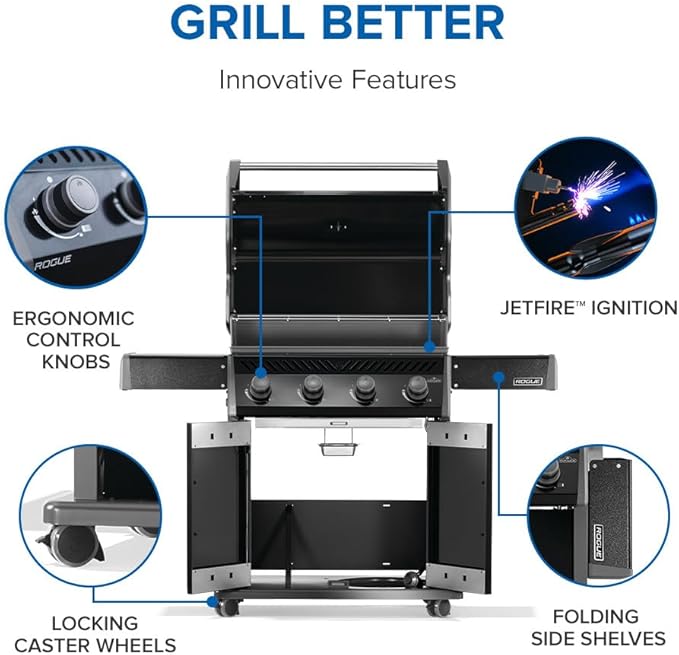 Napoleon Rogue 525 Natural Gas Grill, Black, Stainless Steel Grids, Durable 4-Burner BBQ