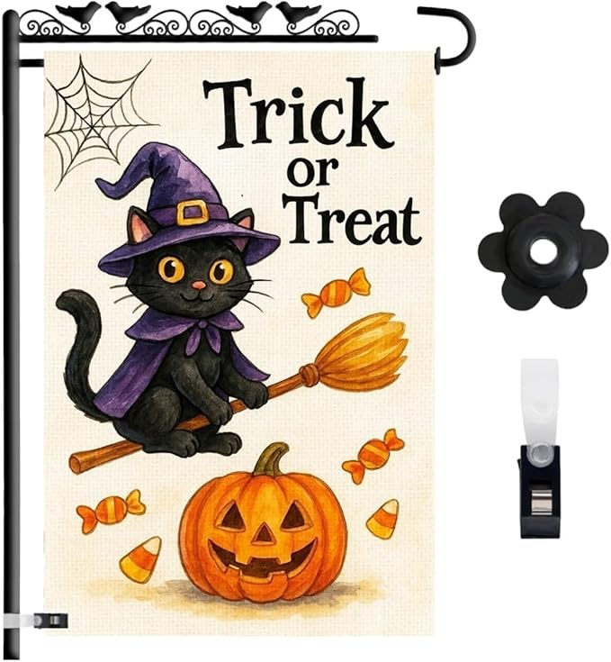 Halloween Garden Flag 12x18 – Trick or Treat Black Cat & Pumpkin with Broom Stick & Spiderweb – Double Sided Burlap Halloween Flags for Outside, Fits Garden Flag Poles