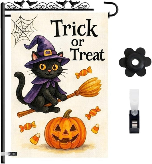 Halloween Garden Flag 12x18 – Trick or Treat Black Cat & Pumpkin with Broom Stick & Spiderweb – Double Sided Burlap Halloween Flags for Outside, Fits Garden Flag Poles