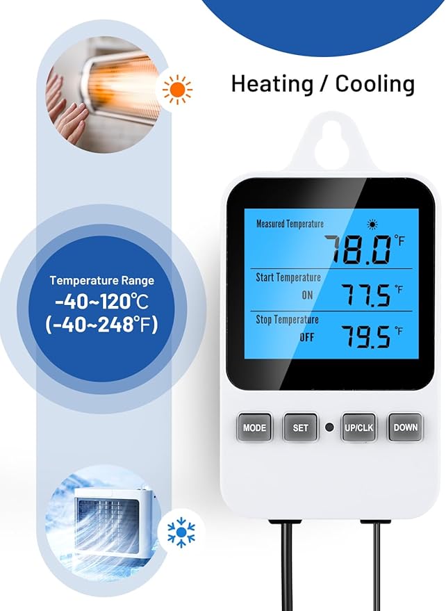 INKBIRDPLUS Plug in Thermostat, Separate Thermostat Outlet for Heater with 8.8 Ft Power Cord, for Reptile Greenhouse Homebrew Aquarium Seedling Mat, Heating or Cooling Mode Thermometer Controller