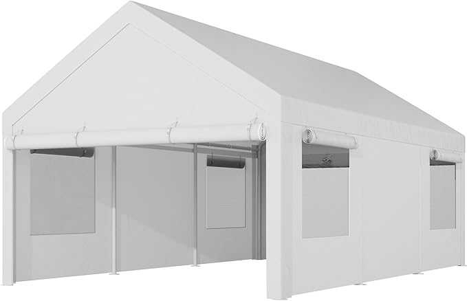 Shintenchi Portable Garage Canopy,12x20 FT Heavy-Duty Design Carport,Carport Canopy with Side-Opening Removable Door & Roll-Up Window,Portable Car Port for Car, Truck, Boat,White