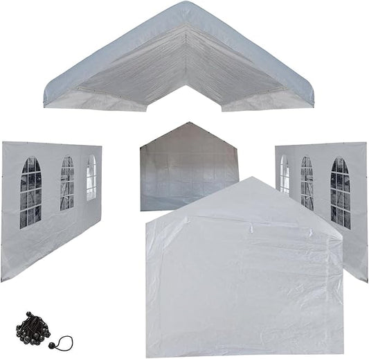 10x20 White Canopy Carport Cover Set with Valanced Top All 4-Side Walls and Top (5 Pcs Tarps Set, No Frame) Triple Side Windows