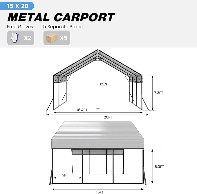 20'x15'x12.7' Heavy Duty Metal Carport, Steel Carports Canopy with Galvanized Steel Frame and Roof, Metal Carport Shelter for Boats, SUVs and Trucks