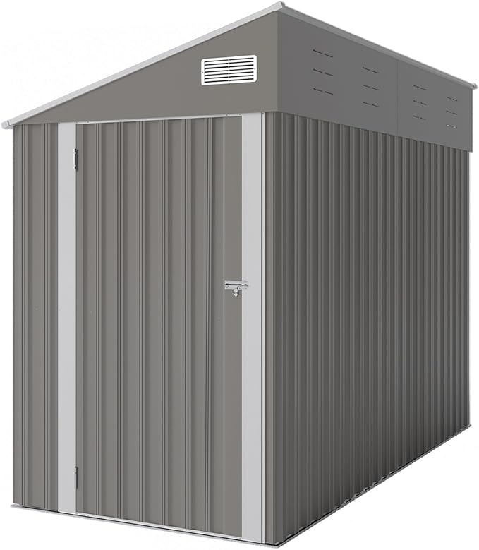 4x8 ft Lean to Shed, Outdoor Storage Shed with Lockable Door and Vents, Metal Storage Shed with 6 Vents, Outside Garden Tool Shed for Backyard, Patio, Wall Side Design (Dark Grey)